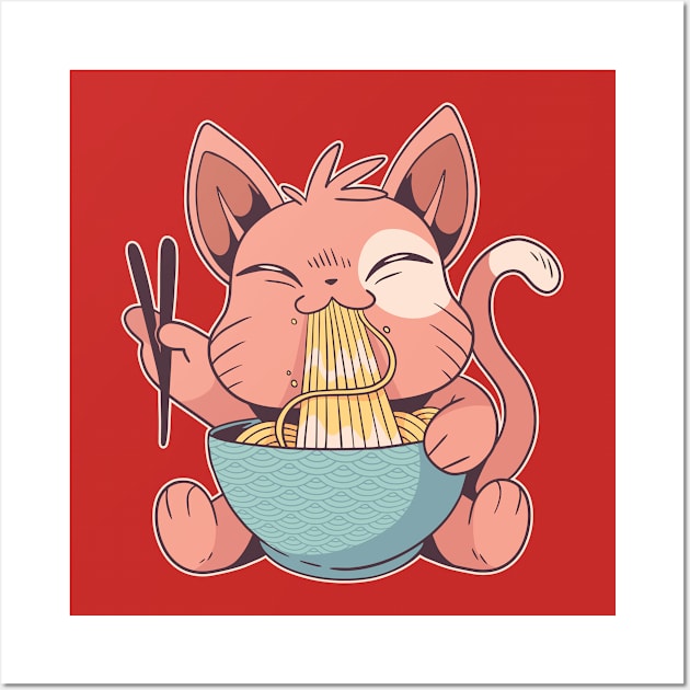 Cat eating ramen noodles Wall Art by Dots & Patterns